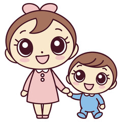 Cartoon mother holding hand of infant son on transparent background