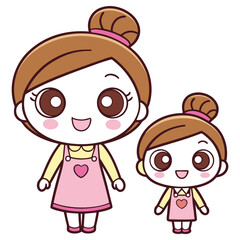 Cute Cartoon Mother and Daughter Characters with Heart Aprons on White Background