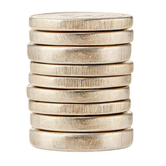 A neatly stacked arrangement of five silver coins displaying their shine and details on a plain background isolated on a white background.