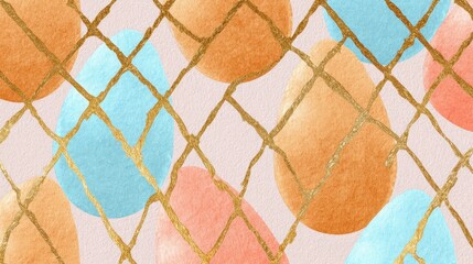 Seamless Easter egg pattern with watercolor bleeding effect and geometric line art overlay in metallic gold, featuring Pantone 2025 colors (Peach Fuzz + Serene Blue).