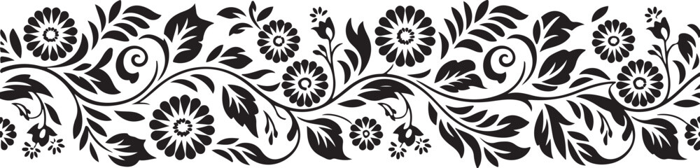 Elegant floral ornamental border vector, black botanical pattern with swirling leaves and flowers, perfect for decoration, textile, or frame design