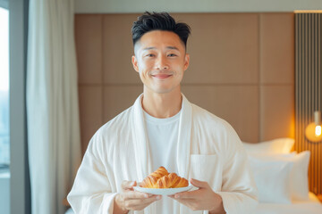 A happy man in a bathrobe holds a plate of fresh croissants, enjoying a cozy morning in a modern hotel room.