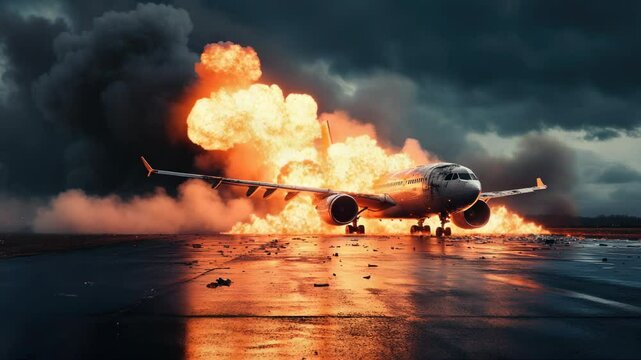 Airplane crash on runway in flames with dramatic dark sky and smoke, aviation disaster scene with copy space for banner and emergency concept