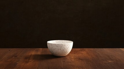 A white bowl with brown speckles sits on a wooden table against a dark background.