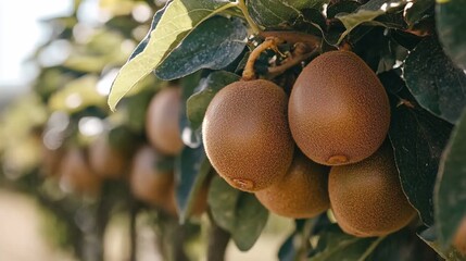 Kiwi fruit hanging on trees
