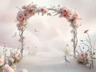Wedding maternity engagement studio photo arch backdrop banner background with dreamy romantic soft pink blush white pastel colors delicate rustic flowers in heavenly spring season cloud sky birds