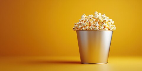Freshly popped popcorn served in a metallic bucket against a vibrant yellow background for snacking pleasure