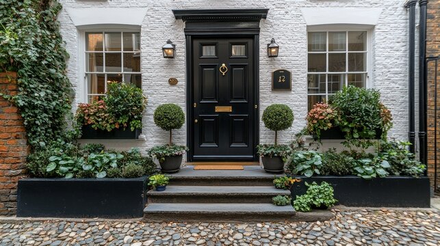 Elegant English House Entrance with Lush Greenery - Powered by Adobe