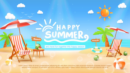 Relaxing Summer Beach Scene With Chairs and Umbrellas Under Sunny Sky