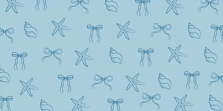 Coquette summer seamless pattern with blue bows, shells, and starfish for backgrounds, presentations, wrapping papers, prints, artworks. Vector illustration	
