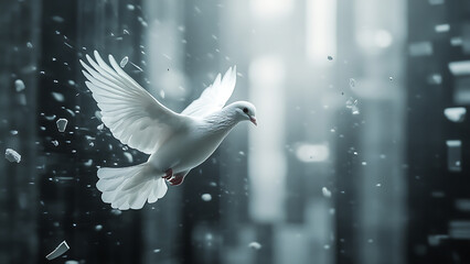 A white dove glides against a backdrop of soft-focus abstract squares. 