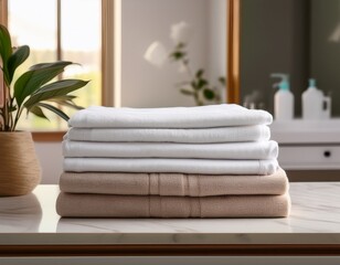 stack of clean laundry bedding sheets on table in bathroom