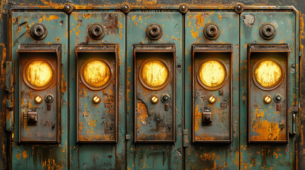 Close-up of five vintage industrial control panels with glowing dials and distressed, rusty textures.