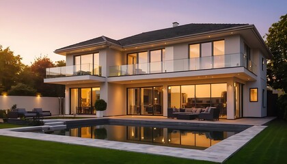 Fototapeta premium Stunning Modern Home Exterior at Golden Hour