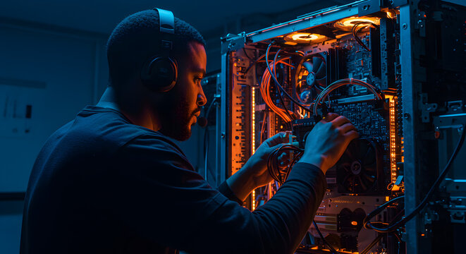 Technician in Headset Working on Computer Server Rack with Orange and Blue Lighting Style