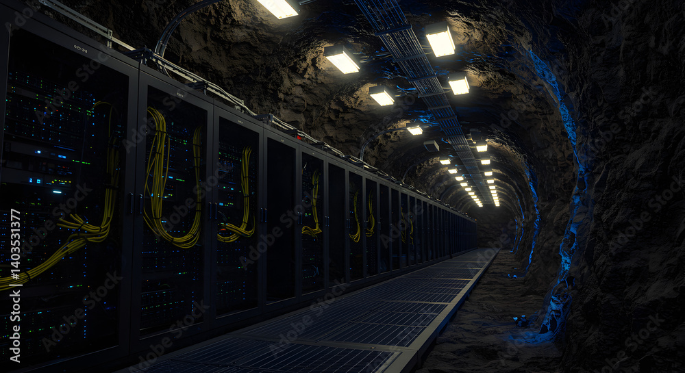 Poster server room tunnel with glowing lights and data racks in a dark cyber environment showing network in