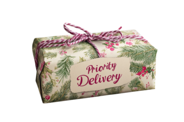Festive priority delivery gift box elegantly wrapped with a Christmas design featuring a Priority
