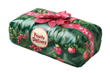 Festive Priority Delivery Christmas Gift Box green wrapping red bow holiday design