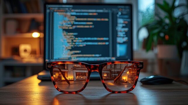 Night Coding Session: Glasses Reflecting City Lights - Powered by Adobe