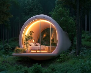 A modern, eco-friendly cabin nestled in a serene forest, illuminated by warm light.