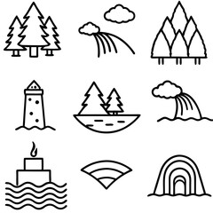 Collection of Simple Black and White Waterfall and Geothermal Icons
