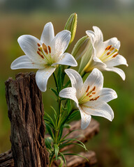 Obraz premium A close-up captures the delicate beauty of Easter lilies with dew drops near rustic wood, creating a serene and hopeful poster image for the season.
