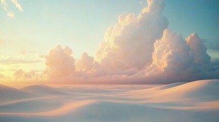 Naklejka premium A serene desert landscape bathed in the golden hues of a soft sunrise.