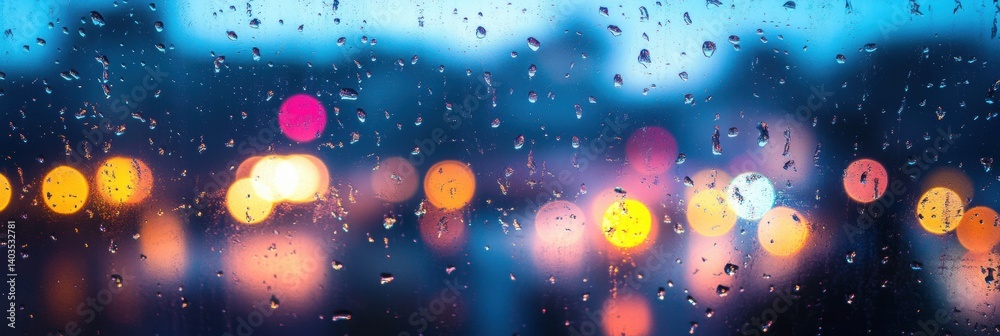 Leinwandbilder raindrops creating a dreamy atmosphere on a foggy window with blurred city lights illuminating the b