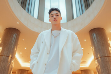 Fototapeta premium A stylish young man poses confidently in an elegant interior, showcasing modern fashion and architecture.