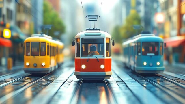 Classic vintage trams in bright colors ride through the vibrant city street, evoking nostalgic urban charm and public transportation heritage on a rainy day. Front view with motion blur and soft focus