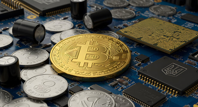 Macro Shot of a Golden Bitcoin and Silver Coins on Blue Electronic Circuit Board with Computer Microchips - Powered by Adobe