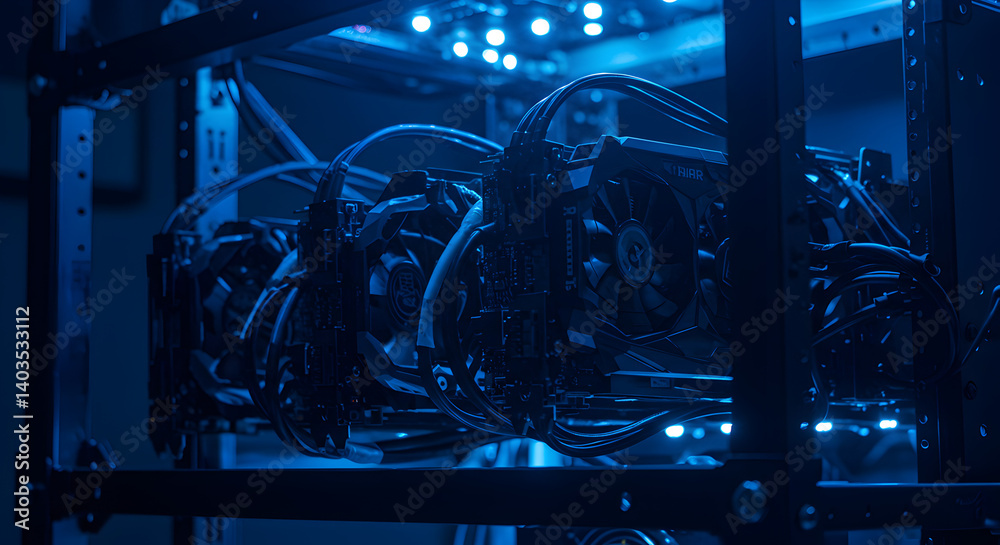 Poster illuminated server rack system inside data center featuring complex network cables and electronic ha