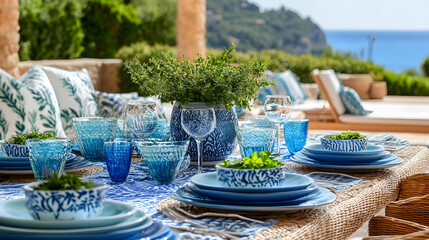 Elegant outdoor dining setup with blue dishware and a coastal backdrop for a party
