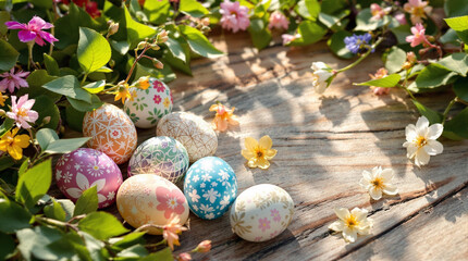 easter eggs and flowers on the table. 