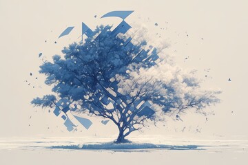 Naklejka premium A tree with geometric shapes surrounding, surreal, calming, muted color palette
