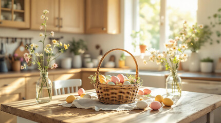 easter eggs in the basket on the table