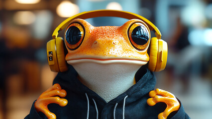 A stylized frog wears headphones and a hoodie, The frog has large, shiny eyes and a contemplative expression.