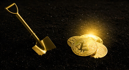 Golden Shovel Mining Shiny Gold Coins in the Black Soil Symbolizing Cryptocurrency Mining Investment
