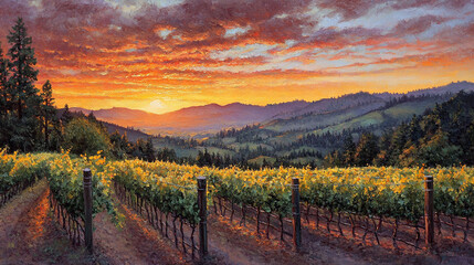 Obraz premium Golden hour vineyard panorama at sunset over rolling hills.