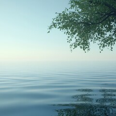 Serene lake with a tree branch