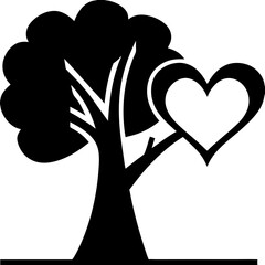 A strong tree nurturing a heart, symbolizing love's growth and enduring strength, depicted in bold black and white.