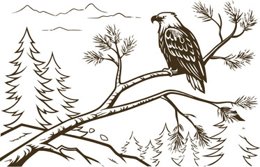  Hand-drawn illustration of a majestic eagle perched on a tree branch in a forest, symbolizing freedom, nature, and wildlife, perfect for nature-themed designs and wildlife art.