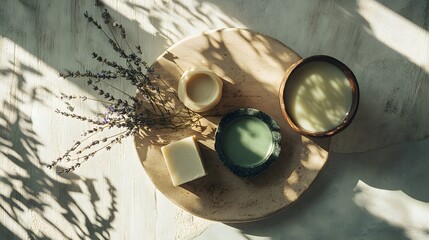 Obraz premium Natural Skincare Products Creamy Soap, Clay Mask and Candles with Lavender
