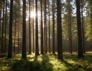Beautiful shot of a forest with tall trees and bright sun rays shining
1