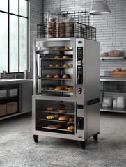 A stainless steel commercial oven with multiple racks, displaying various stages of baking - convection appliance chef fresh