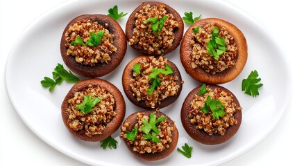 Gluten free meal organic food top view. A platter of stuffed mushrooms filled with quinoa, garnished with fresh herbs, presenting a delicious and healthy appetizer option.