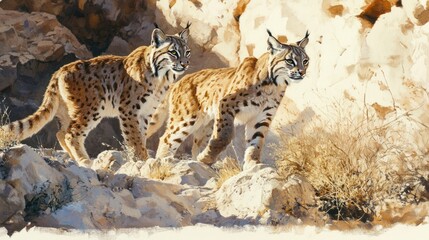 Obraz premium Two Eurasian Lynxes in Rocky Terrain Wild Cats Wildlife Photography