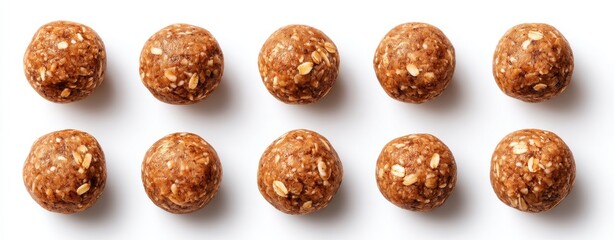 Gluten free meal organic food top view. A neat arrangement of round energy balls made from oats, nuts, and sweeteners, perfect for a healthy snack or post-workout boost.