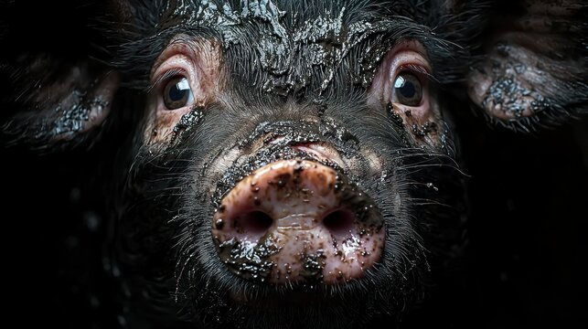 Muddy Piglet Portrait: A Close-Up Study of a Piglet Covered in Mud