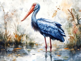 Fototapeta premium Majestic Painted Stork in Watercolour Wetland Bird Art Avian Wildlife Painting